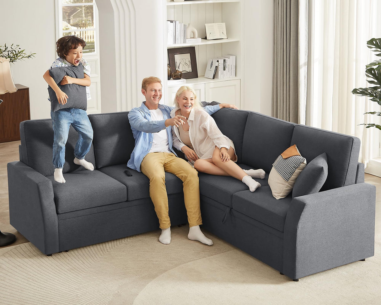 AMERLIFE Sofa Bed, 85 Inch Reversible L Shape Couch with Pull Out Bed & Storage Seat, Oversized Sectional Sleeper Bed for Living Room Apartment, Grey Linen Sleeper Sofa Couch AMERLIFE