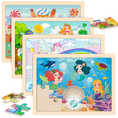 Wooden Princess Puzzles for Kids Age 3 4 5 Year Old, 4 Pack 24 Pcs Montessori Toddler Jigsaw Puzzles for Girl boy Activities Preschool Learning Educational Birthday Gift Travel Autistic Wooden Toys LACCHOUFEE