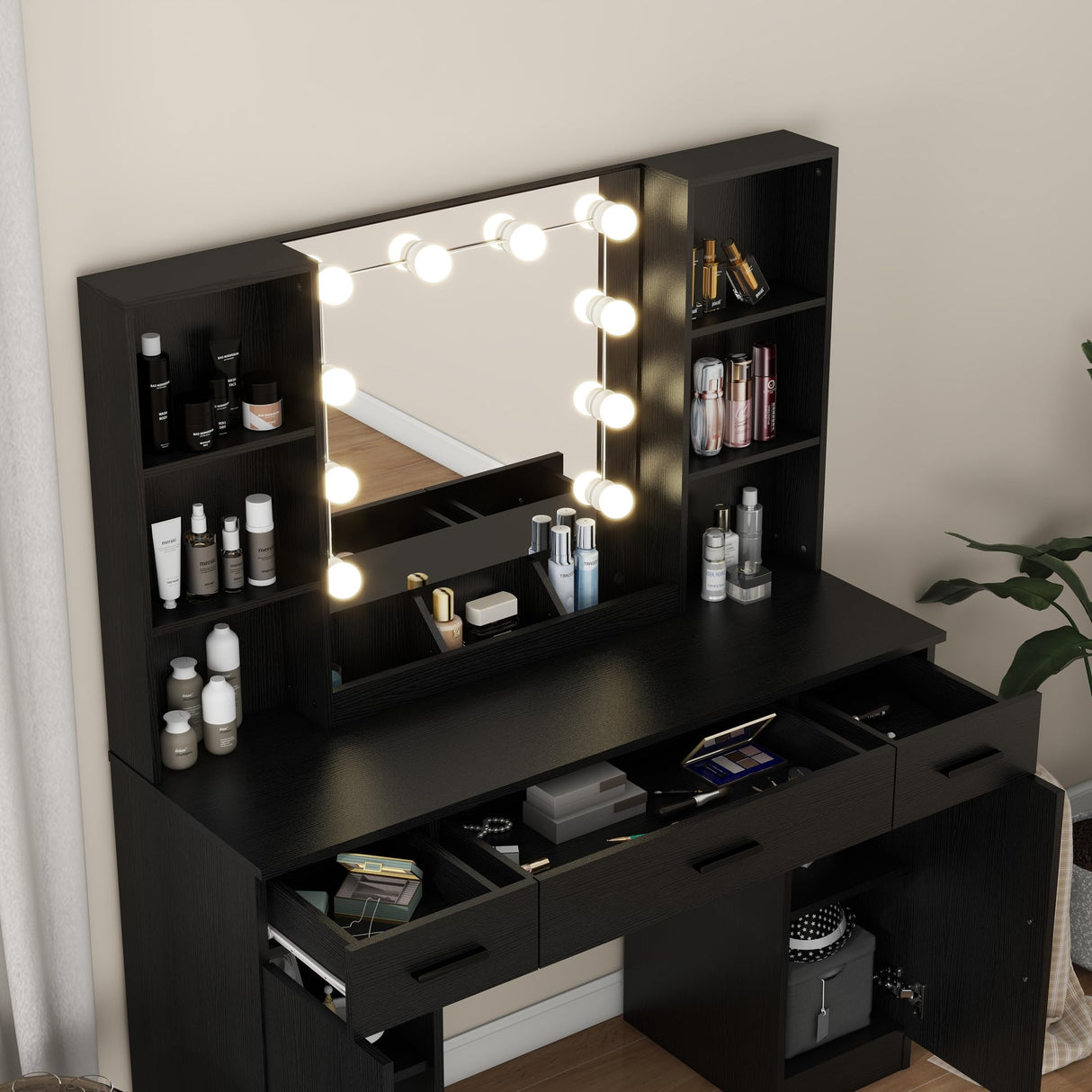 Vanity Desk, Makeup Table with Lights Vanity Set with 3 Drawers, 1 Cabinet & 6 Shelves 3 Lighting Modes Brightness Adjustable Dressing Table with Cushioned Stool for Bedroom, Dressing Room (Black) Panana