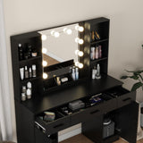Vanity Desk, Makeup Table with Lights Vanity Set with 3 Drawers, 1 Cabinet & 6 Shelves 3 Lighting Modes Brightness Adjustable Dressing Table with Cushioned Stool for Bedroom, Dressing Room (Black) Panana