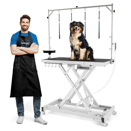 Burano Professional Super Low-Step Electric Dog Grooming Table 49.2", Heavy Duty, Anti-Slip Tabletop, Height Adjustable Dog Table with Lockable Casters, Stainless Grooming Overhead Arm Burano
