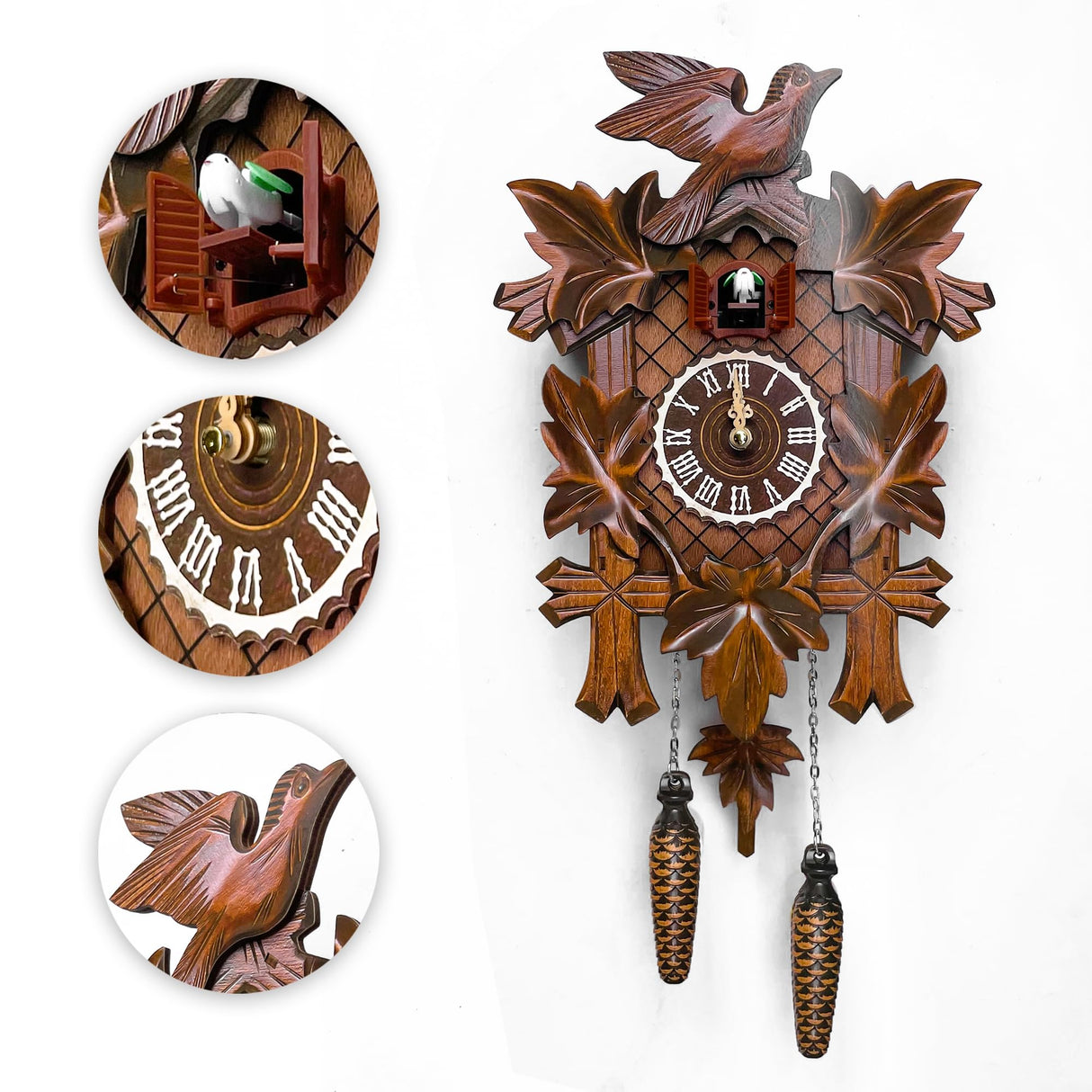 STRONGBERRY Handcrafted Cuckoo Wall Clock with Silent Movement, Pendulum & Chime Function - Classic Vintage Wooden Cuckoo Clock - 18.11 x 9.84 x 3.94 inches STRONGBERRY