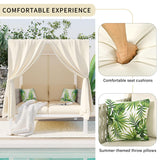 Merax Outdoor Patio Daybed with Soft Thick Cushions, Two Pillows and Curtains, Double Chaise Lounge Sunbed with Rubber Core Rope Backrest for Outside Pool,Garden,Backyard,Lawn, Beige Merax