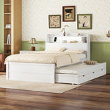 MERITLINE LED Platform Bed with Trundle, Drawers, and Bookcase Headboard - White Full Size Frame with USB Ports MERITLINE