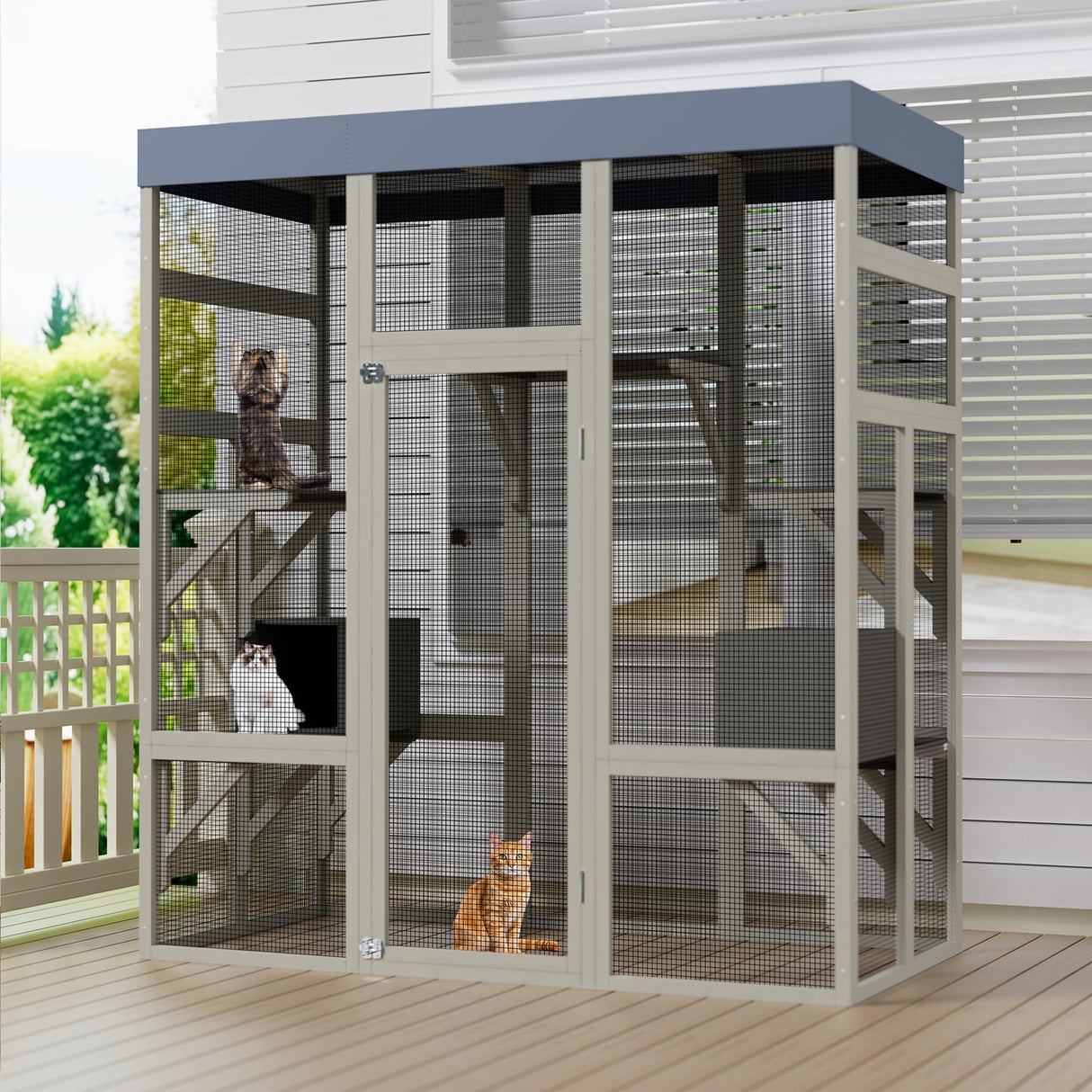 70" Large Catio Outdoor Cat Enclosure, Wood Cat House with Waterproof Roof, Walk in Cats Shelter with 7 Jumping Platform & 2 Napping Resting Box, Gray Curtainboro