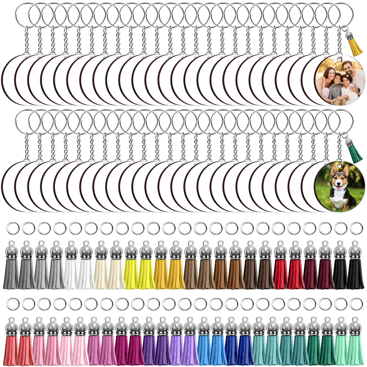 ZOCONE 250 Pcs Round Sublimation Keychain Blanks Bulk, Sublimation Blanks Keychain 2in Heat Transfer Blank Keychains, Double Side Keychain with Tassels, Jump Rings, DIY Gift Ornament ZOCONE