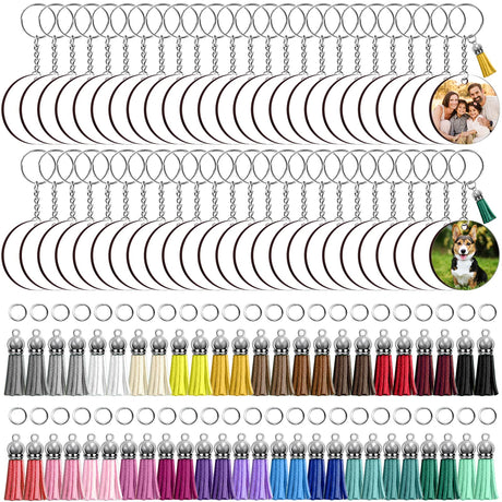 ZOCONE 250 Pcs Round Sublimation Keychain Blanks Bulk, Sublimation Blanks Keychain 2in Heat Transfer Blank Keychains, Double Side Keychain with Tassels, Jump Rings, DIY Gift Ornament ZOCONE