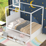 Polibi Queen Size Canopy Platform Bed with Twin Size Trundle, Wooden Daybed Frame with 3 Storage Drawers, White Polibi