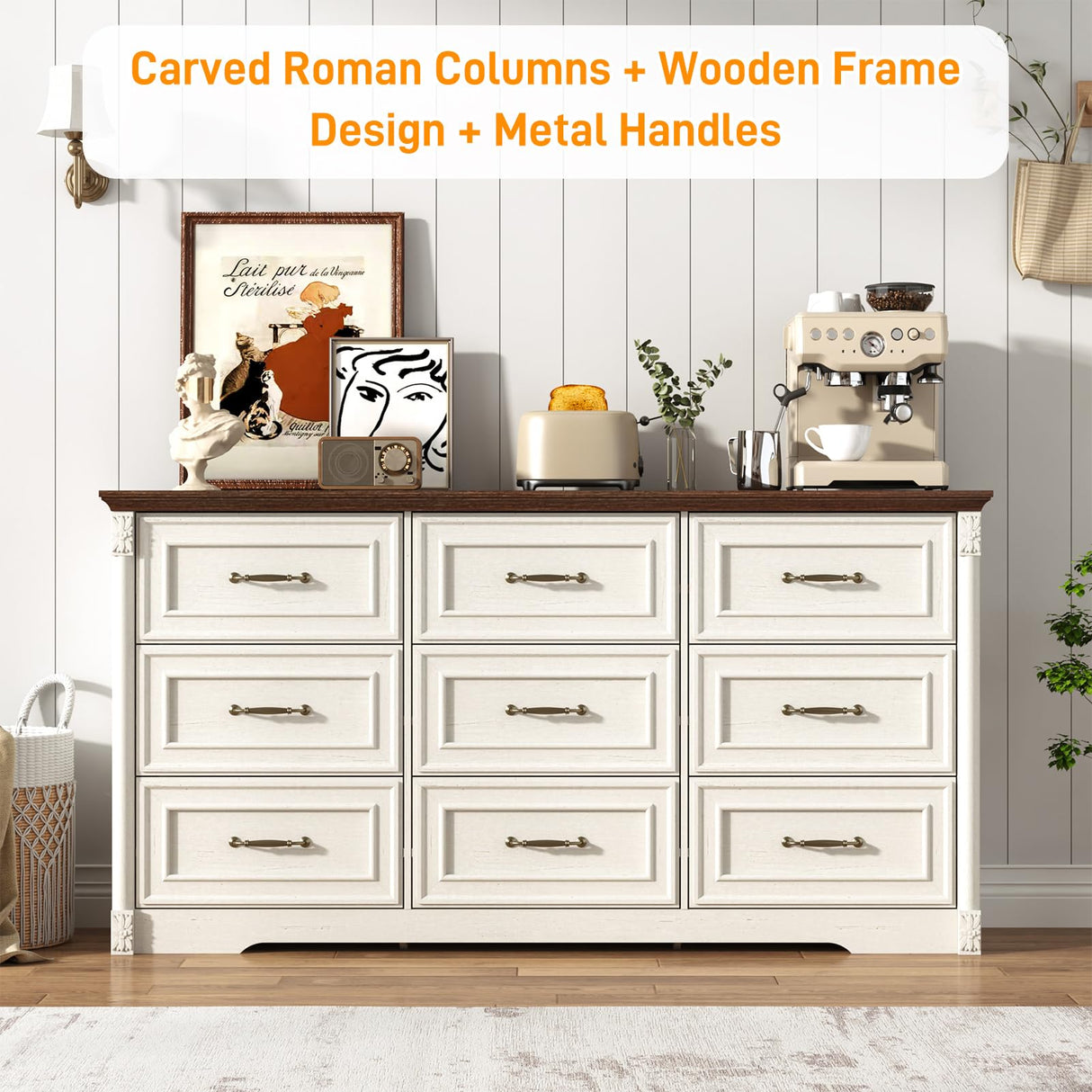 Farmhouse Wood 9 Drawer Dresser for Bedroom,Embossed Roman Column Wood Rustic 63 Inch Wide Dresser & Chest of Drawers with Rustic Handles,Tall Storage Organizer for Bedroom(Antique White) chartustriable
