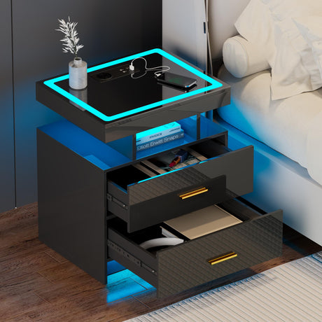 JDPAG LED Nightstand with Wireless Charging Station, Smart Night Stand with 2 Drawers, Glass Top, 3 Color Dimmable Light, High-Gloss Beside Table with USB Type-C Port Bedroom Black JDPAG