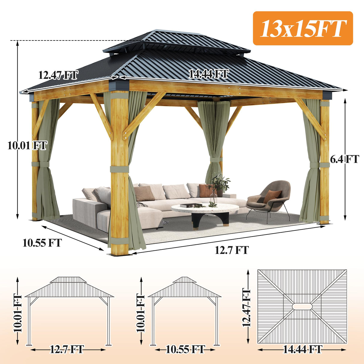 GARTOO 13’x15’ Patio Wooden Gazebo, Galvanized Steel Roof Gazebo with Olive Green Curtains and Netting, Double Vented Roof Hardtop Gazebo for Garden, Porch, Lawn, Poolside, Backyard GARTOO