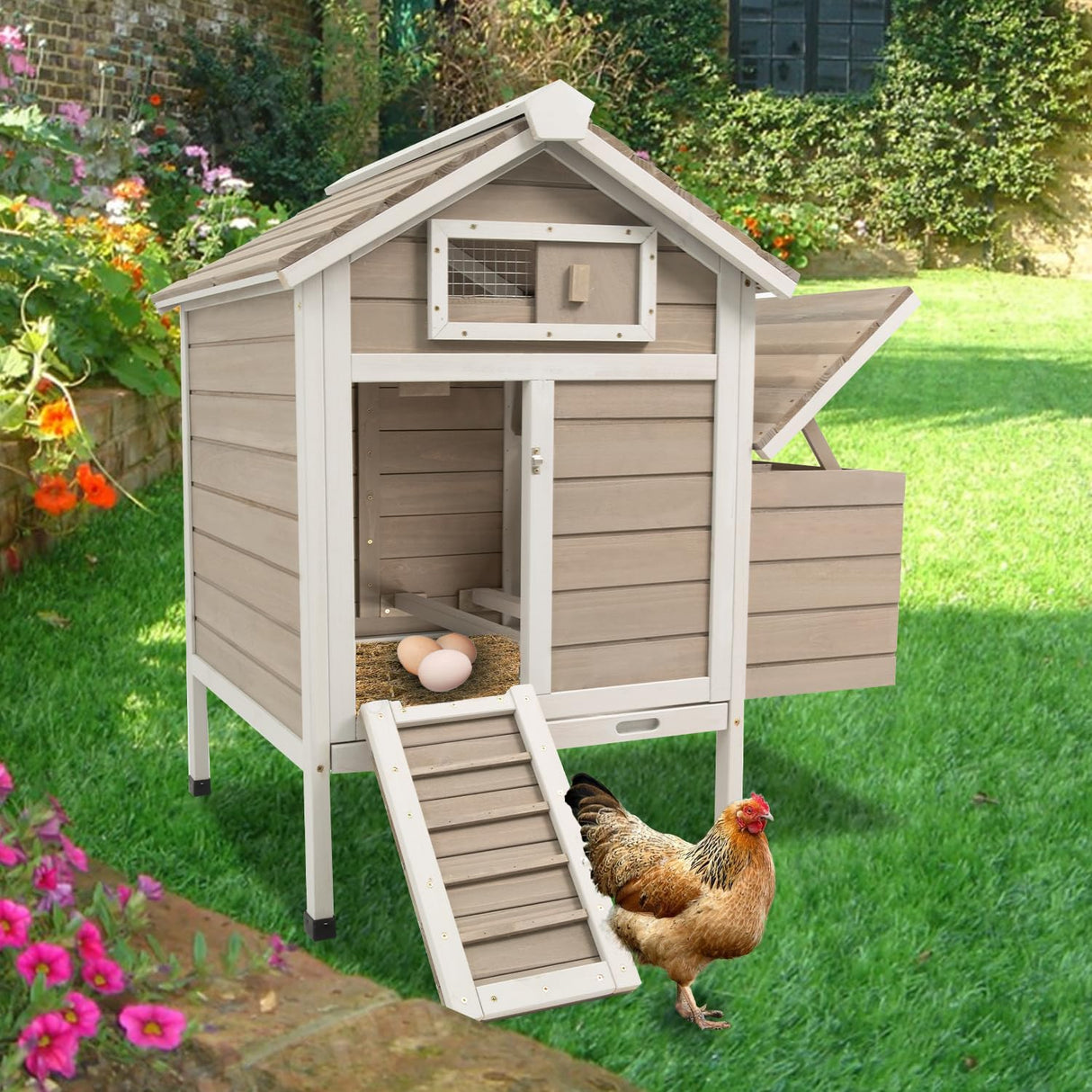Ketive Chicken Coop Chicken House Outdoor with Removable Trays, Wooden Rabbit Hutch Poultry Cage with Nesting Box, Indoor Hen House Chicken Cage with Ramp for Garden Backyard (32"L x 23.6"W x 36.6"H) ketive