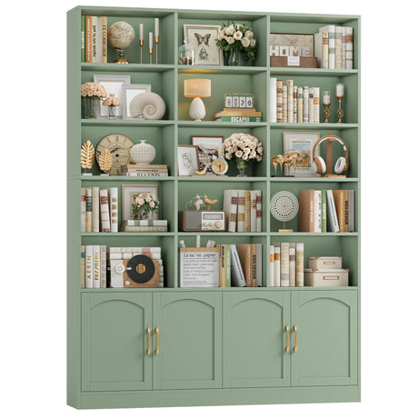 FACBOTALL 82.3" Triple Wide Bookshelf, 7-Tier Tall Bookcase with 15-Cube Open Bookshelf & 4 Doors, Large Bookshelf with Storage Cabinet, Modern Bookshelf for Living Room, Office, Study Room, Green FACBOTALL