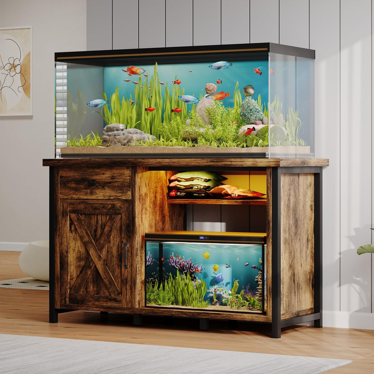 4ever2buy 55-75 Gallon Fish Tank Stand with Power Outlets, LED Light, Heavy Duty Aquarium Stand with Cabinet for Fish Tank Accessories Storage, for Turtle Tank, Reptile Terrarium, 1100LBS, Black 4ever2buy