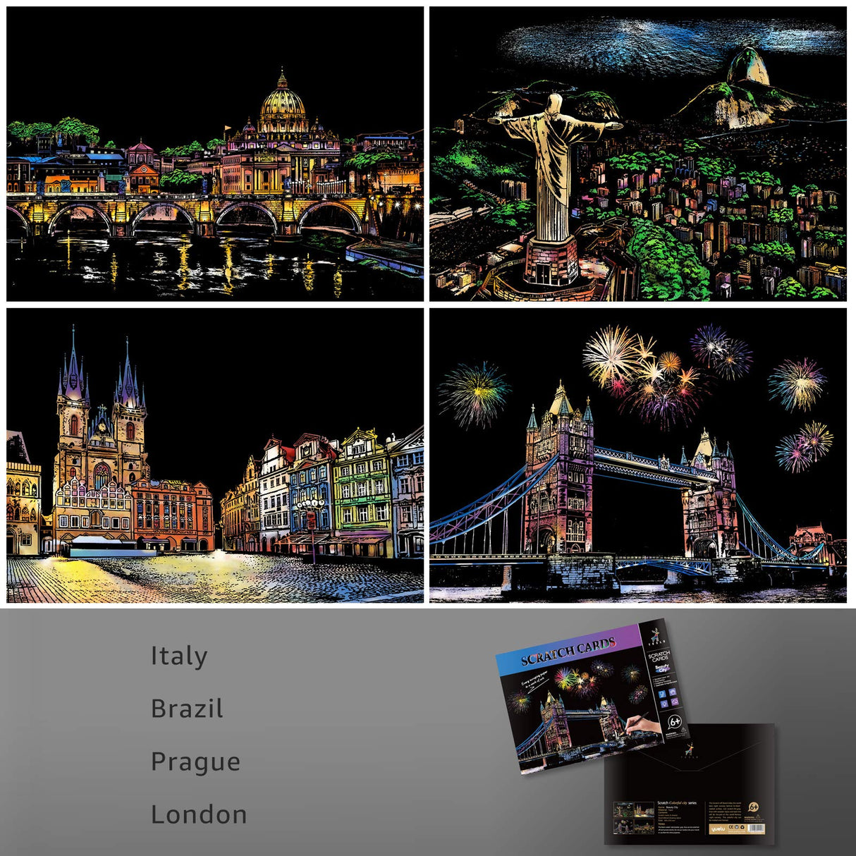 Scratch Art Painting Kits for Adults & Kids, Rainbow Painting Sketch Night View Scratchboard(A4), Crafts Set: 8 Sheets Scratch Cards with 6 tools in Bag - Creative Craft Art Set (Landmark Building) ASDICOXB