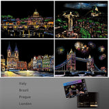 Scratch Art Painting Kits for Adults & Kids, Rainbow Painting Sketch Night View Scratchboard(A4), Crafts Set: 8 Sheets Scratch Cards with 6 tools in Bag - Creative Craft Art Set (Landmark Building) ASDICOXB