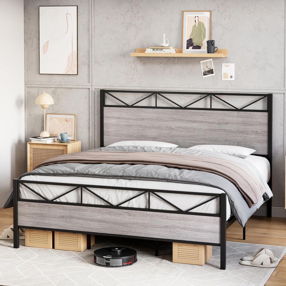 Senfot Heavy-Duty Queen Bed Frame with Rustic Grey Wood Headboard and Footboard Senfot