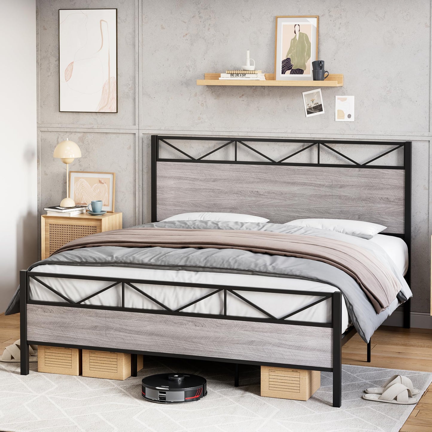Senfot Queen Bed Frame with Rustic Wood Headboard and Footboard, Metal Platform Bed Frame Queen Heavy Duty, Sturdy Steel Slat Support, No Box Spring Needed, Grey