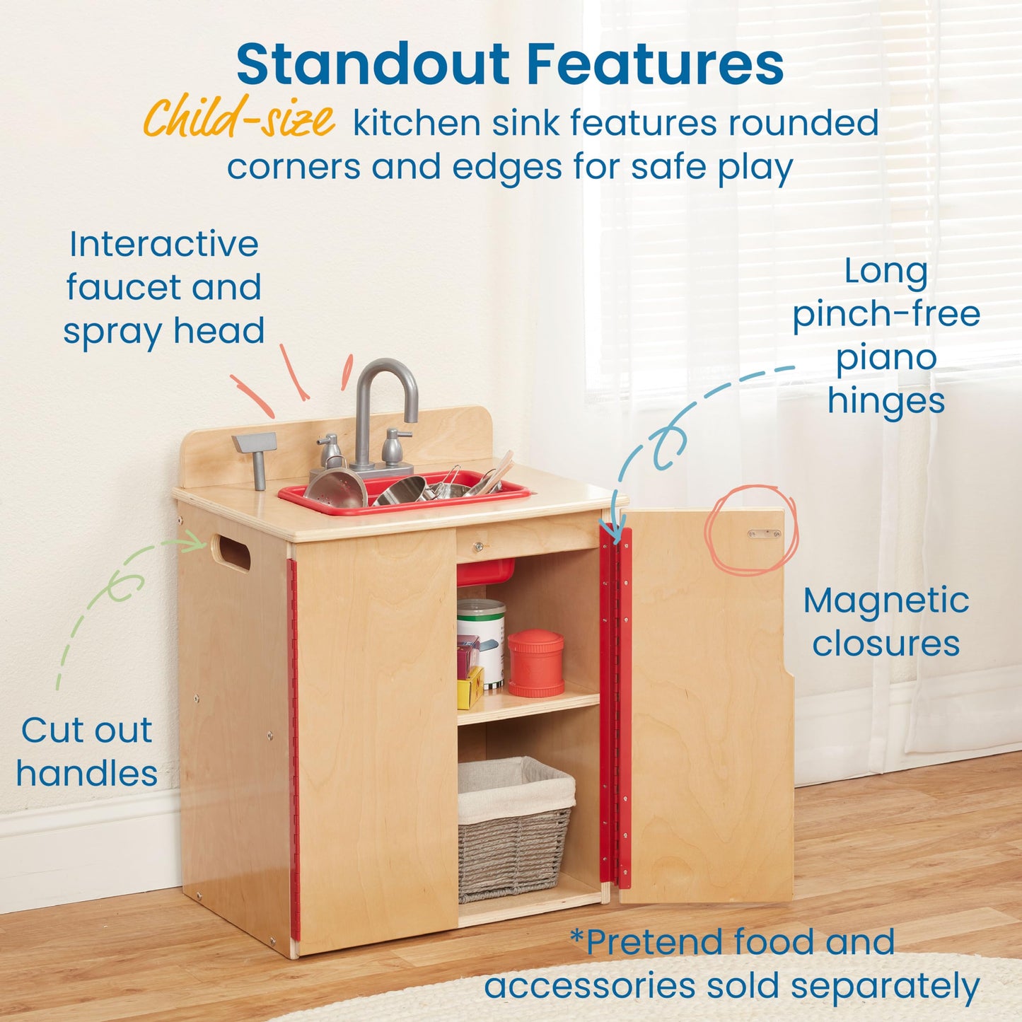 ECR4Kids Play Kitchen Sink, Wooden Playset, Natural