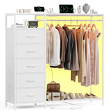 47 Inch White Dresser with LED Lights & Hanging Rack, 5 Drawer Fabric Dresser with Charging Station and Shelves, Tall Closet Organizer for Bedroom Clothes Storage Harpaq