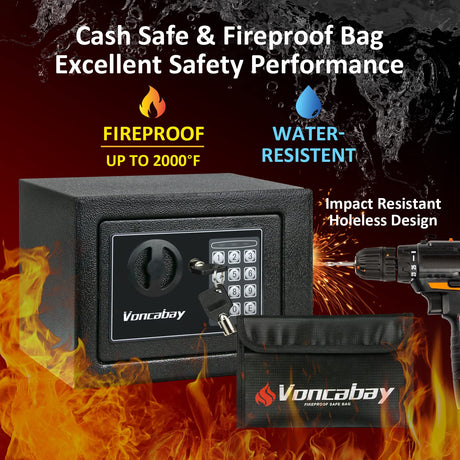 Voncabay Money Safe Box for Home with Sensor Light & Fireproof Security Safe Box for Money Safe with Keys & Pass Code, Lock Box Fireproof Safe with Digital Keypad Voncabay