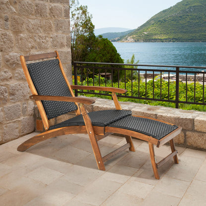 HAPPYGRILL Patio Chaise Lounge Chair with Retractable Footrest, Acacia Wood Lounge Chair, Rattan Wicker Folding Chaise Lounge, Collapsible Lounge Chair for Poolside Patio Garden Porch