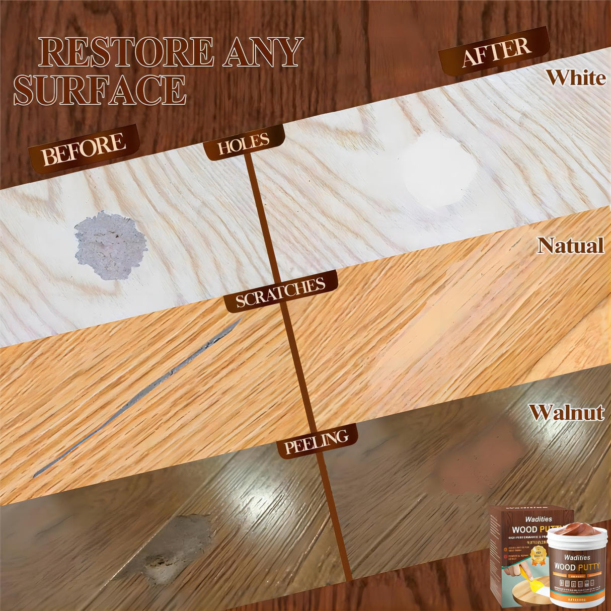 Wadities Walnut Wood Filler, Walnut Wood Putty, Paintable Stainable Wood Repair Putty, 9.87 Ounce Wood Furniture Repair kit, Quickly Repair Wood Wadities