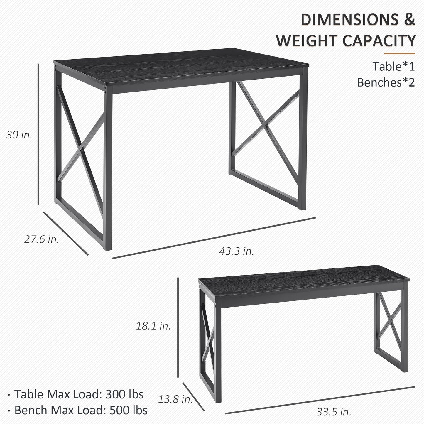 VECELO Kitchen Table with 2 Benches for 4, Wood Dining Room Dinette Sets with Metal Frame for Breakfast Nook and Small Space, 43.3", Black - WoodArtSupply