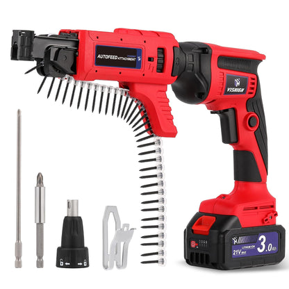 VISHIGH Drywall Collated Screw Gun 20V MAX with Auto-feed Attachment, Cordless Sheetrock Magazine Screwdriver with 3.0Ah Lithium Battery and Charger Battery-Powered Drill - WoodArtSupply