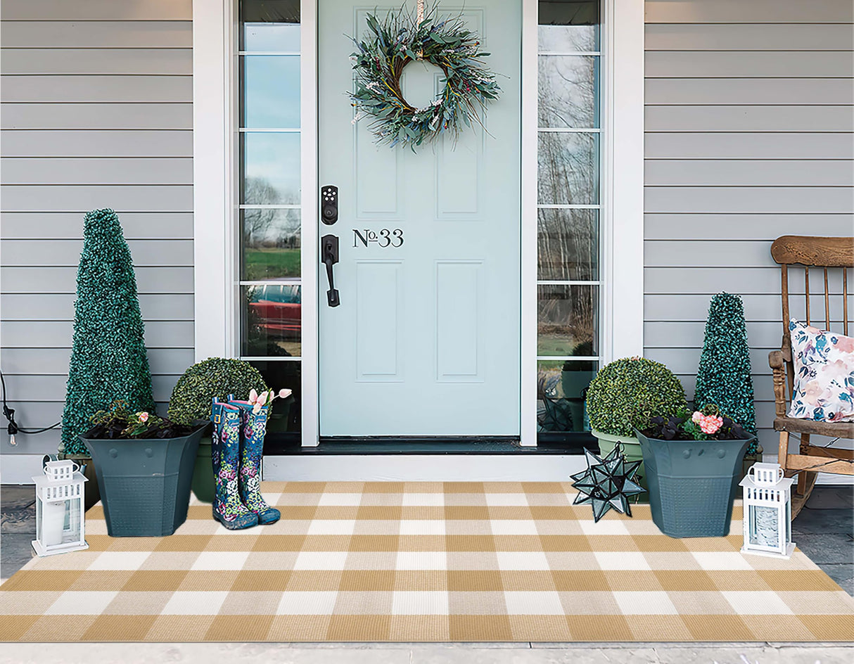 Khaki and White Outdoor Rug 3'x5', Fall Outdoor Porch Rug Cotton Woven Washable Farmhouse Indoor Outdoor Doormat for Front Porch Hello Welcome Layered/Entryway/Bedroom/Living Room/Patio KIhipIoe