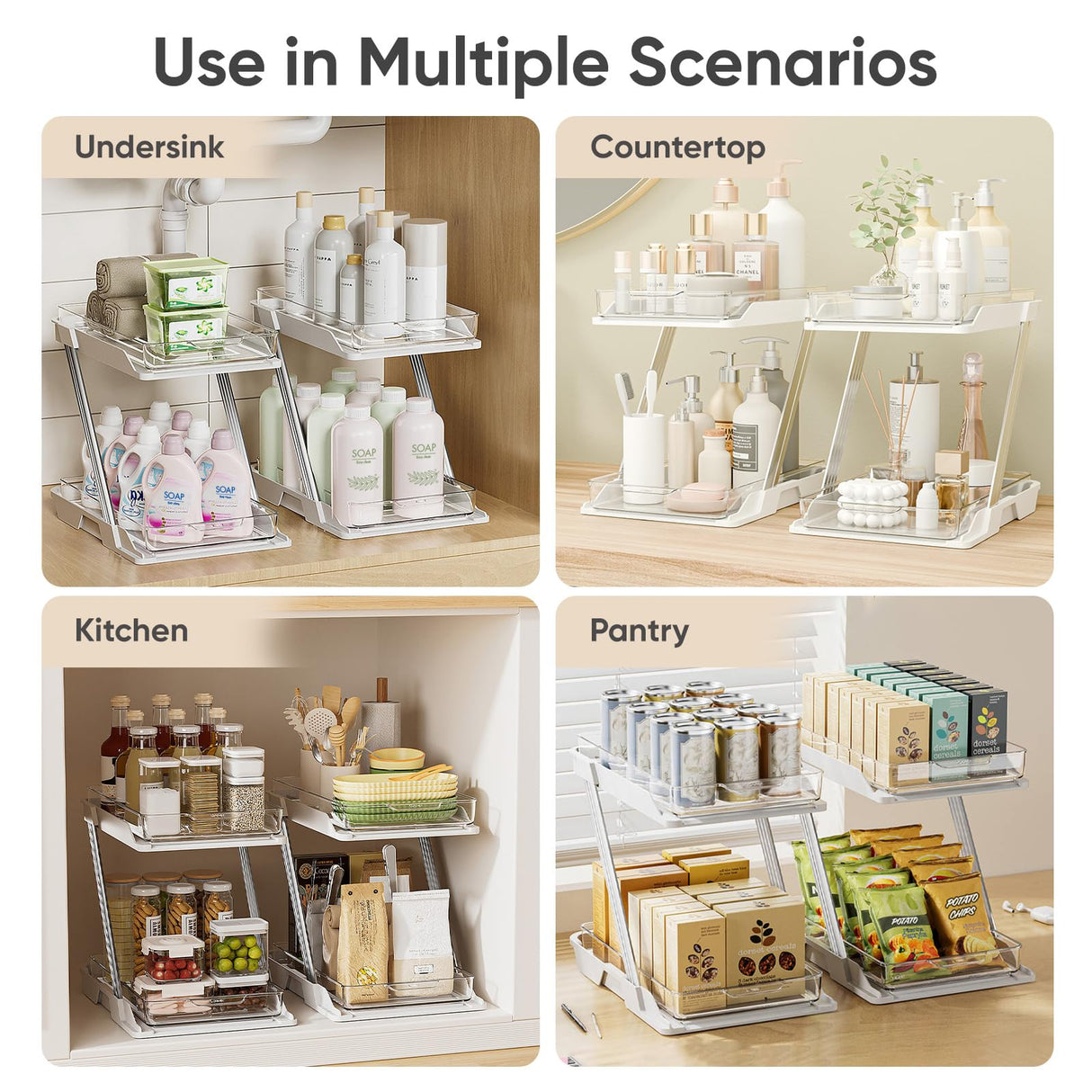 AUGBEAN 3 Pack Bathroom Organizers and Storage - Multi-Purpose,2-Tier Clear Pull Out Organization for Bathroom,Under Sink,Kitchen,Vanity,Countertop,Cabinet,Pantry & Medicine Cabinet,White AUGBEAN