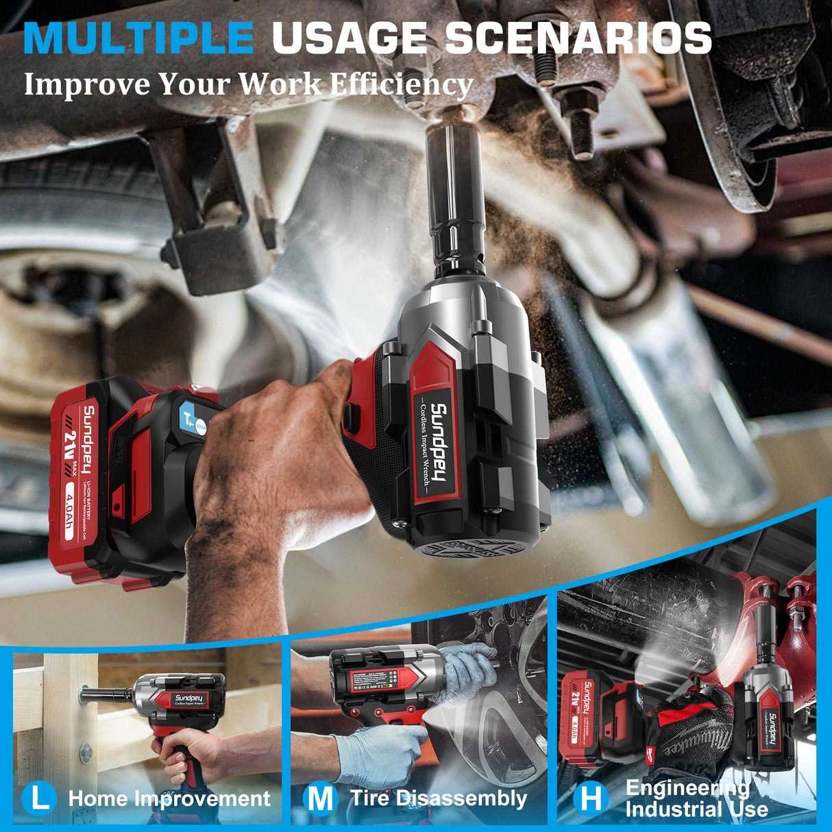 Sundpey Cordless Impact Wrench 600Ft-lbs(800Nm) - 21V 1/2" Brushless Driver With 2 * 4.0Ah Batteries - 2600RPM Gun for Lug Nuts With 6 Sockets, Fast Charger & Tool Case Sundpey