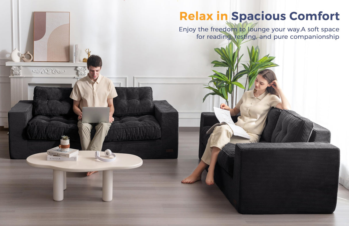 MAXYOYO 3 Seater Couch for Living Room, Boneless Couch with Tufted Cushion & Backrest, Upholstered Floor Sofa, Sofa in A Box, Black MAXYOYO