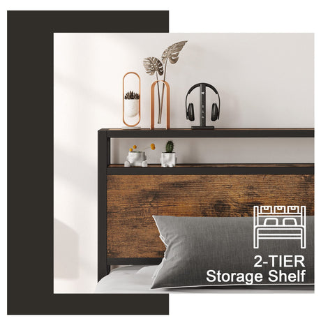 LIKIMIO King Size Platform Bed Frame with 2-Tier Storage Headboard in Vintage Brown LIKIMIO