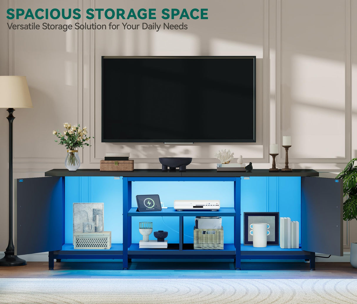 YITAHOME TV Stand with LED Lights & Charging Station, Farmhouse Entertainment Center with Storage Cabinets & Shelves, Cross-Pattern Doors, Fits TVs up to 70'', TV Consoles for Living Room, Black YITAHOME