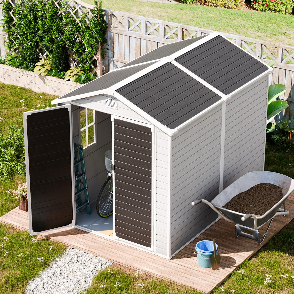 Resin Outdoor Storage Shed with Floor Included 8x6 FT, Large Waterproof Plastic Outside Garden Backyard Patio Lawn Tools Shelter with Window Lockable Door, Gray WELYAS