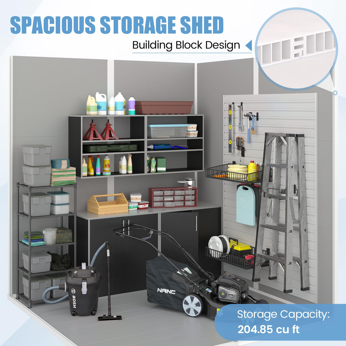 VONZOY Outdoor Storage Shed, 6x6 FT Resin Shed with Floor and Lockable Door, Window & Vents, Tool Sheds & Outdoor Storage for Bike, Garden Accessories, Tools, Waterproof (Grey & White) VONZOY