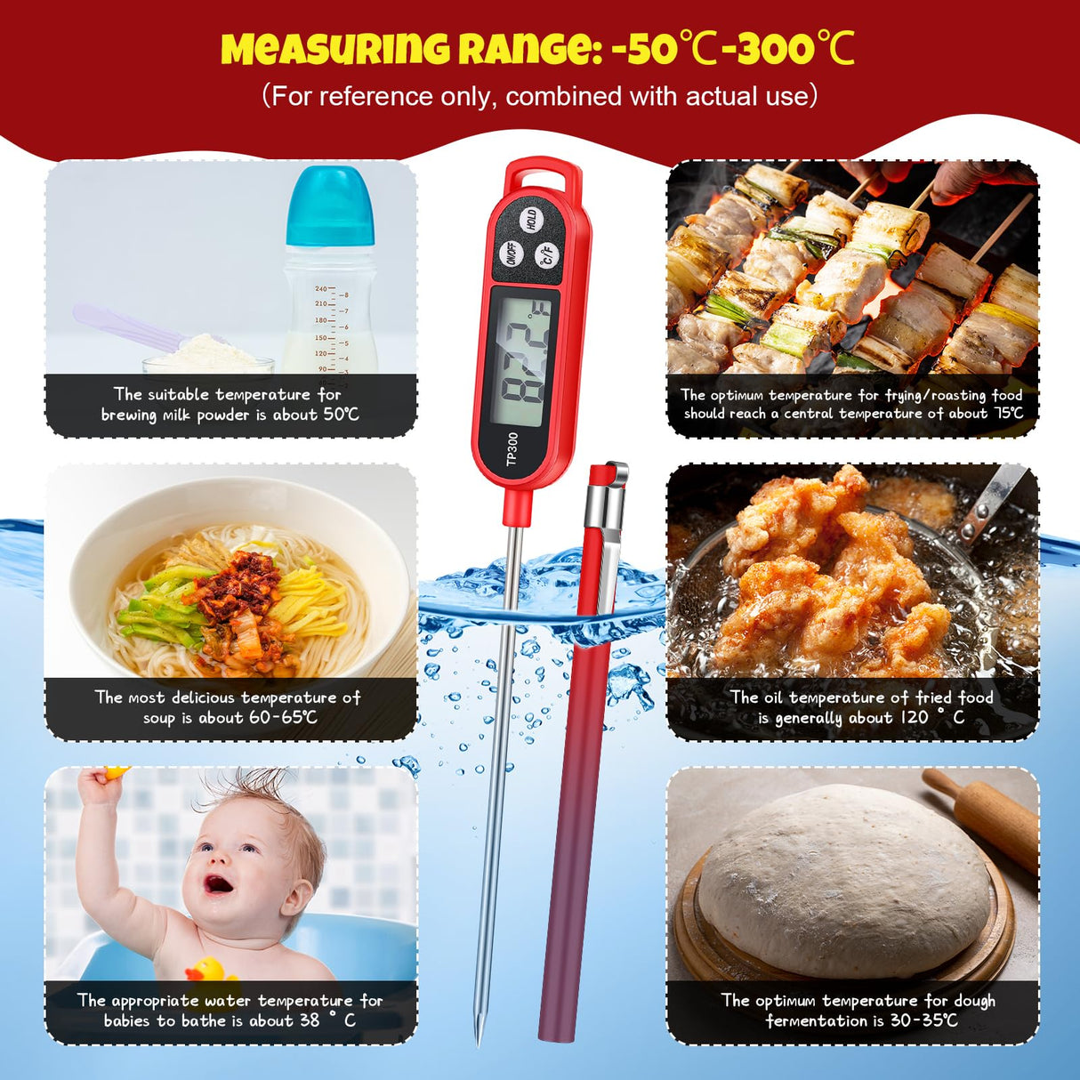 Copkim 6 Pcs Meat Thermometer Food Thermometer with Probe Water Liquid Instant Read Digital Thermometer Cooking Thermometer Supplies BBQ Kitchen Thermometer for Cooking Milk Yogurt (Red) Copkim
