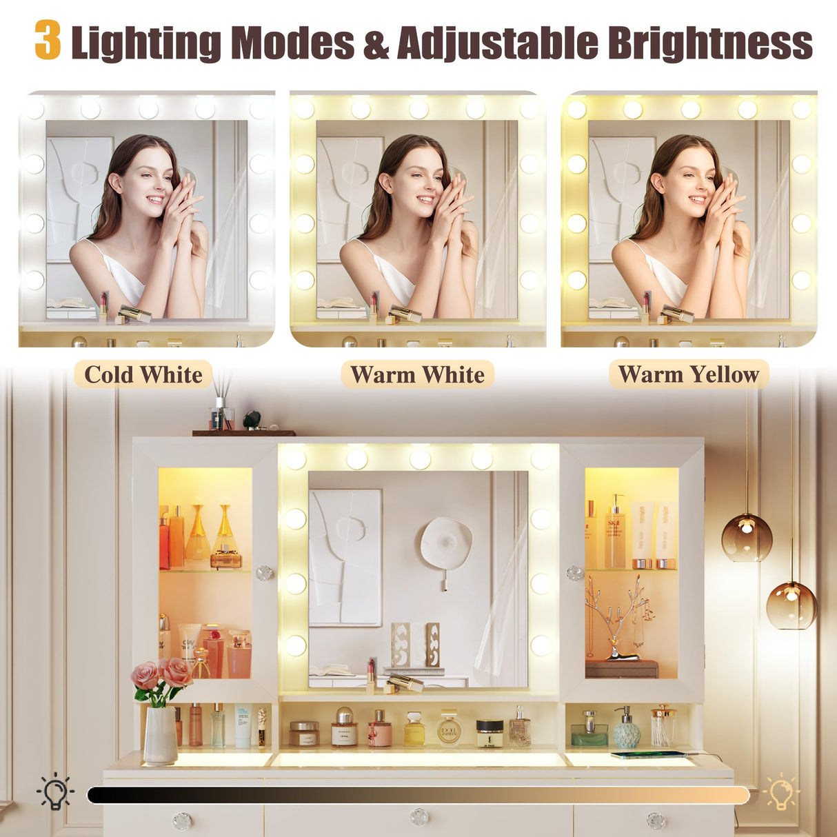 HUAHUU Vanity Desk with Mirror and RGB Lights, 43" Large Makeup Vanity with Glass Top, 4 Large Glass Cabinets, Power Outlet & 3 Drawers, 3 Colors Lighting Adjustable Brightness for Bedroom, White HUAHUU