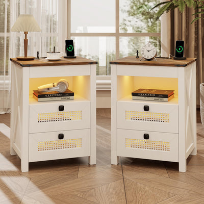 FREDEES Bedside Table set of 2 with Drawers, End Table with Charging Station, LED Night Stand with Human Sensor Light, Rattan Nightstand for Bedroom, White