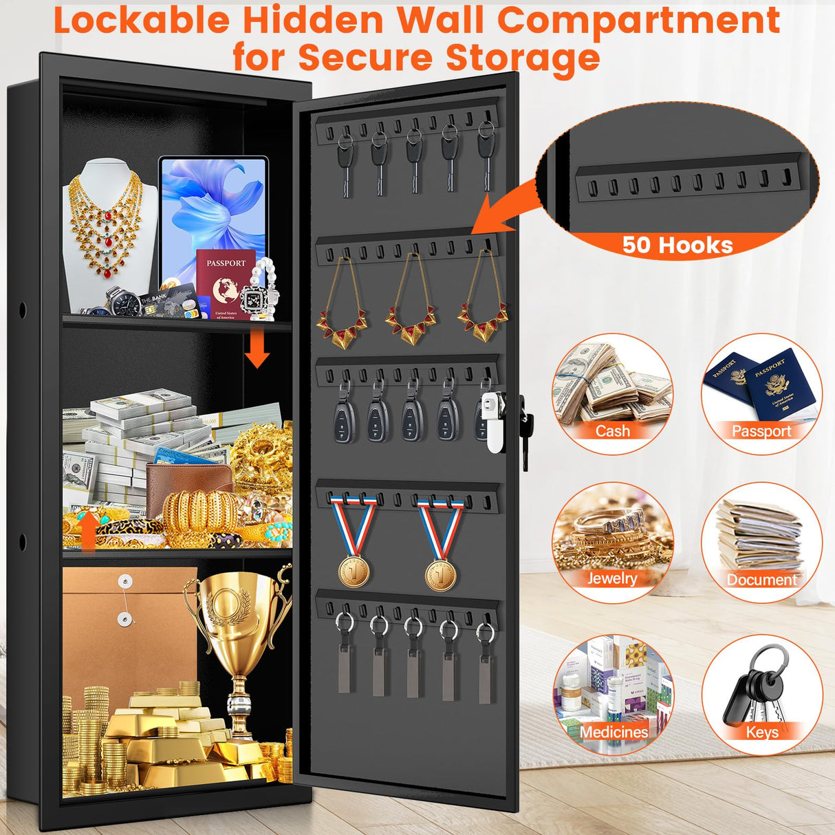 31.5" Tall Wall Safes Between the Studs with 2 Removable Shelf, Lockable Hidden Safe Box with 50 Hooks for Keys Jewellery, in Wall Safe for Money Medicines Valuables GUVELI