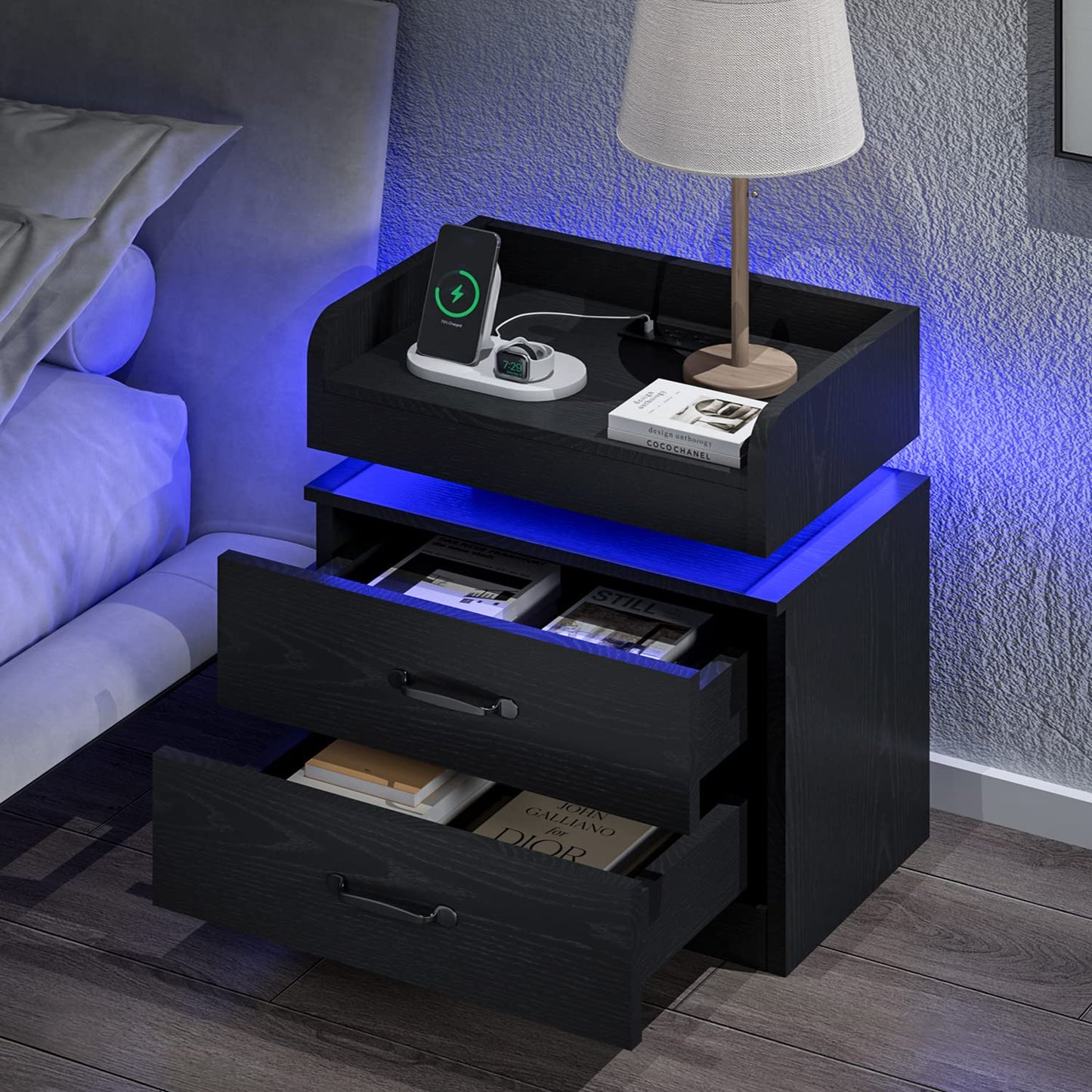 4ever2buy Nightstand Set of 2, Black Nightstand with Charging Station, Led Night Stand with 2 Drawer, Modern Bed Side Table with LED Strip Lights, Bedside End Table for Bedroom Living Room