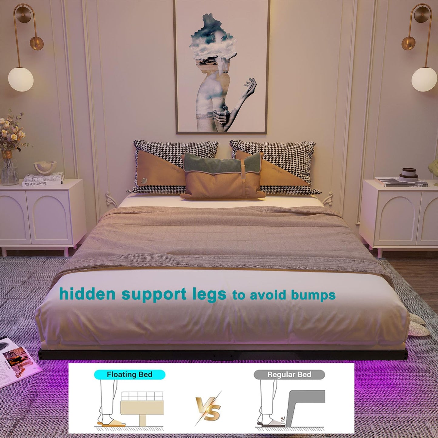 Muluflower King Size Floating Bed Frame with LED Lights and Convenient Charging Station - WoodArtSupply