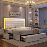GEGOFORU LED Upholstered King Bed Frame with Adjustable Headboard and 4 Drawers in PU White GEGOFORU