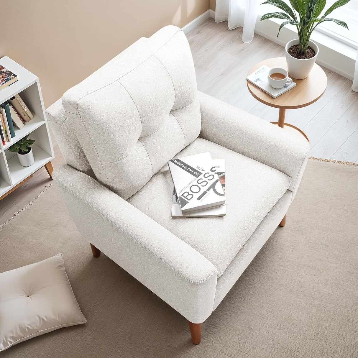 JUMMICO Mid Century Accent Chair, Fabric Modern Reading Living Room Chair, Fluffy Comfy Armchair Small Sofa Chair with Wood Legs for Bedroom Office Cafe (Pearl White, Set of 2) JUMMICO