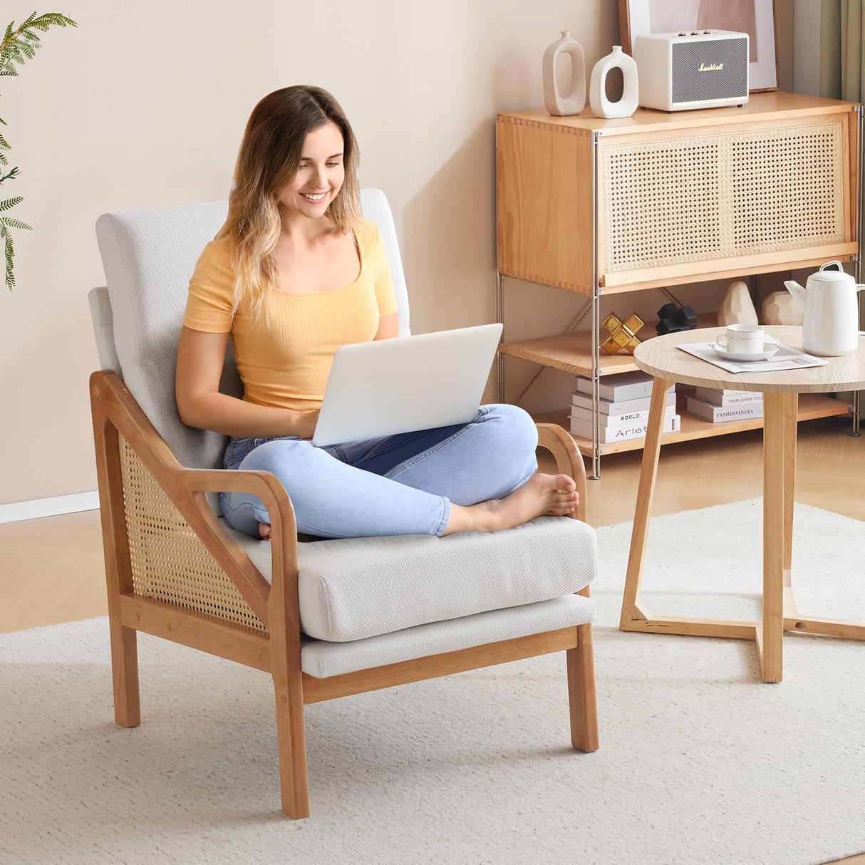 Karl home Modern Accent Chair, Mid-Century Woven Rattan Chairs with Upholstered Lounge Armchair with Oak Wood Frame & Soft Cushion for Living Room, Bedroom, Reading Room (White) Karl home