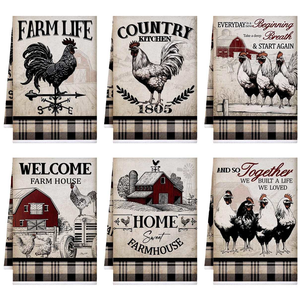 Bencailor 6 Pcs Farmhouse Kitchen Towels Chicken Rooster Kitchen Decor Farm Animal Hand Towels for Cooking Baking Housewarming Gift,15.75 x 23.62 inch(Retro Gray,Barn Farm) Bencailor
