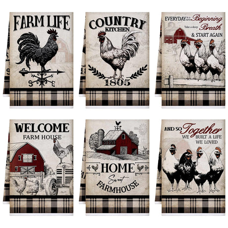 Bencailor 6 Pcs Farmhouse Kitchen Towels Chicken Rooster Kitchen Decor Farm Animal Hand Towels for Cooking Baking Housewarming Gift,15.75 x 23.62 inch(Retro Gray,Barn Farm) Bencailor