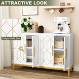HLR Accent Cabinet with 4 Doors and Shelves, Sideboard Buffet Cabinet with Gold Lines, Modern Credenza Storage Decorative Cabinet for Living Room, Entryway, Kitchen, Dining Room, White HLR