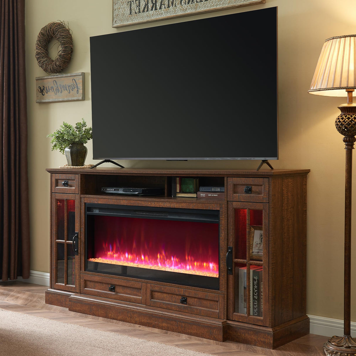 OKD Fireplace TV Stand for 80 Inch TV, Farmhouse Entertainment Center with 42" Fireplace & LED Lights, Modern Media Console Table with Storage Drawers & Cabinets for Living Room, Reclaimed Barnwood OKD